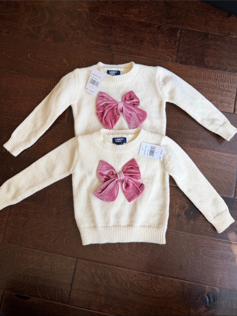 TWIN 2T Lands' End Cream Knit Sweater with Pink Velvet Bow - Kids